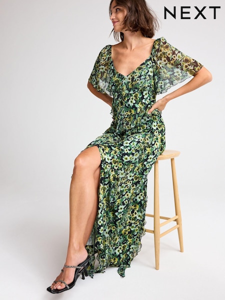 Зеленый - Floral Print Square Neck Ruffle Midi Dress (863485) | €31