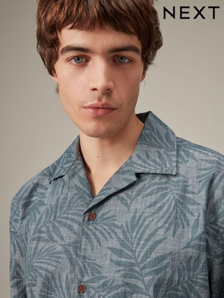 Blue Floral Short Sleeve Shirt With Cuban Collar (863690) | €8
