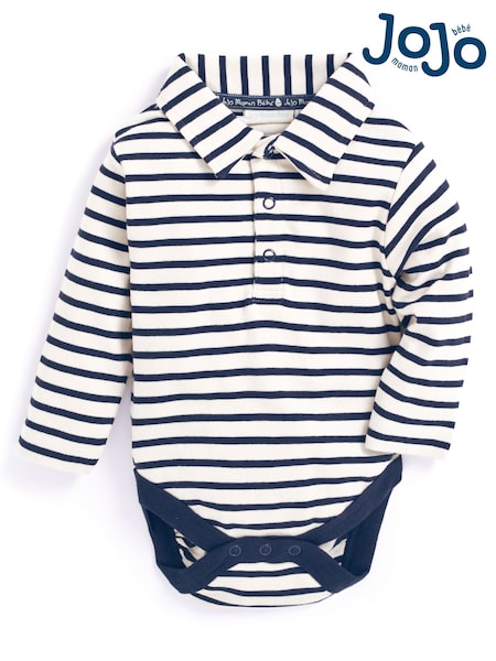 JoJo Maman Bébé Ecru Navy Breton Stripe Plain Long Sleeve Polo Shirt Bodysuit (8644P6) | CA$40