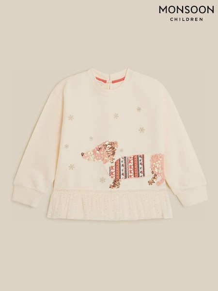 Cream - Monsoon Sequin Sausage Dog Christmas Sweatshirt