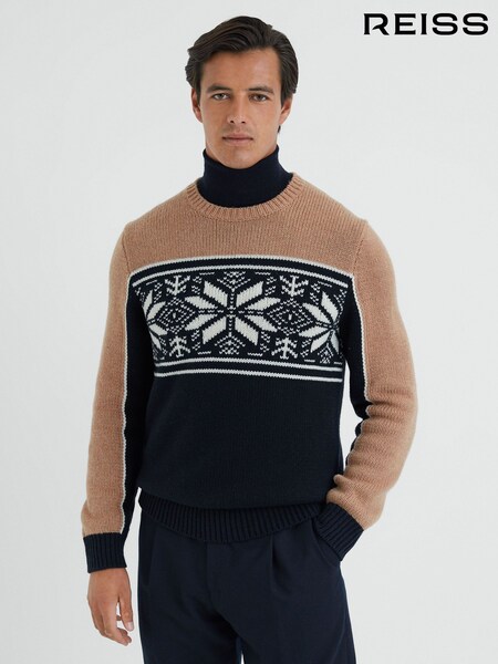 Reiss Navy/Camel Nash Fairisle Pattern Crew Neck Jumper (864793) | €215