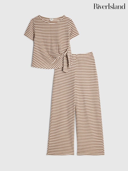 Brown - River Island Stripe Textured Tie Top & Wide Leg Trousers Set