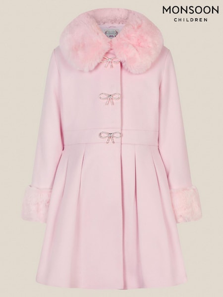 Pink - Monsoon Isabella Faux Fur Collar Coat