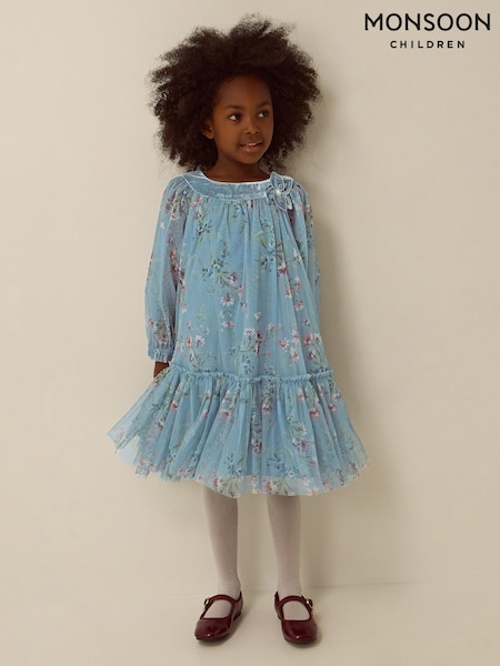 Blue - Monsoon Naina Floral Mesh Party Dress