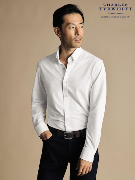 Charles Tyrwhitt White Four Way Stretch Button Down Jersey Shirt (865429) | 371 QAR