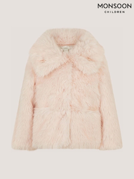 Pink - Monsoon Butterfly Embellished Faux Fur Coat