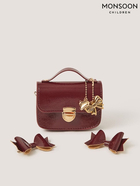 Red - Monsoon Mini Patent Satchel Bag & Hair Clips Set