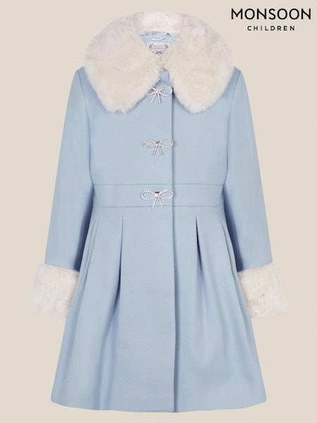 Blue - Monsoon Isabella Faux Fur Collar Coat