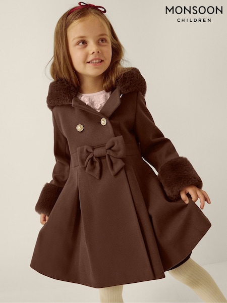 Brown - Monsoon Faux Fur Hood Bow Coat