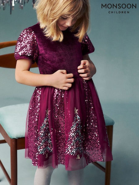 Red - Monsoon Christmas Tree Sequin Velvet Party Dress