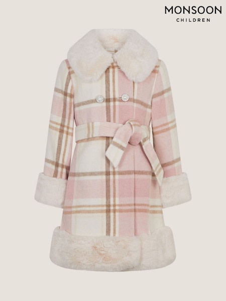 Pink - Monsoon Aurora Check Faux Fur Coat