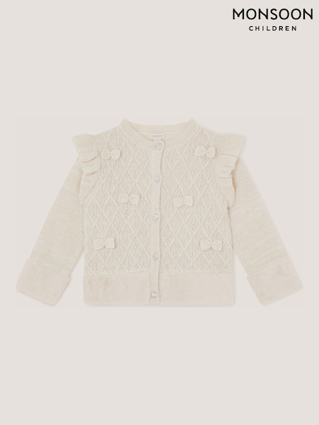 Cream - Monsoon Baby Bow Faux Fur Trim Cardigan