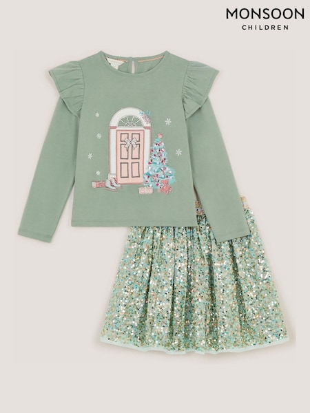 Green - Monsoon Christmas Top & Sequin Disco Skirt Set