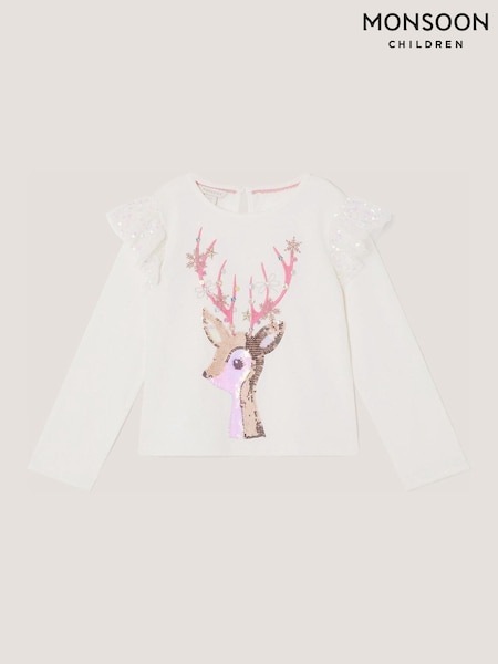 Cream - Monsoon Sequin Christmas Reindeer Long Sleeve Top