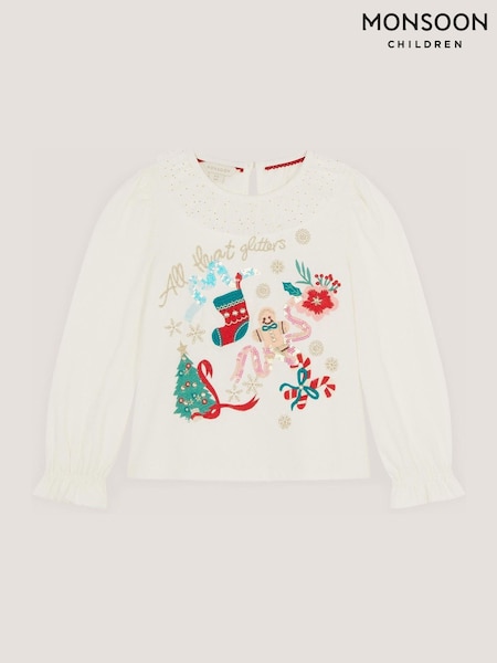 Cream - Monsoon Embellished Christmas Long Sleeve Top