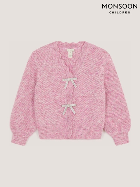 Pink - Monsoon Sparkle Bow Scallop Cardigan