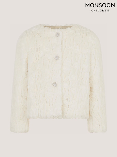 Cream - Monsoon Cornelli Embroidered Faux Fur Jacket