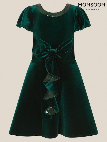 Green - Monsoon Genevieve Sequin Bow Velvet Party Dress