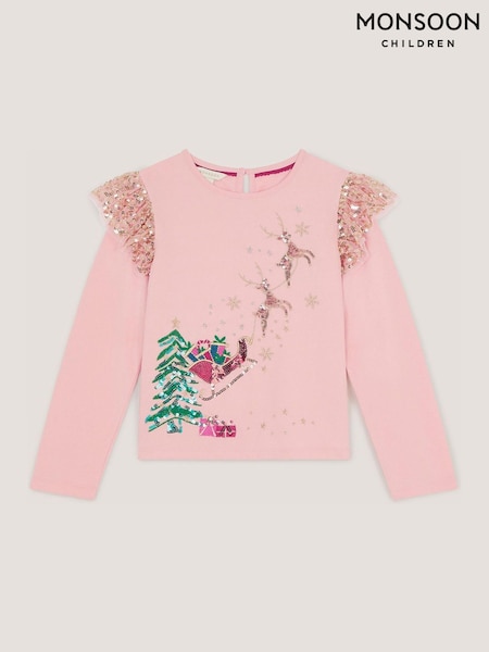 Pink - Monsoon Sequin Reindeer Christmas Top