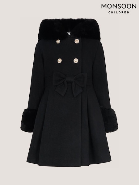 Black - Monsoon Faux Fur Hood Bow Coat