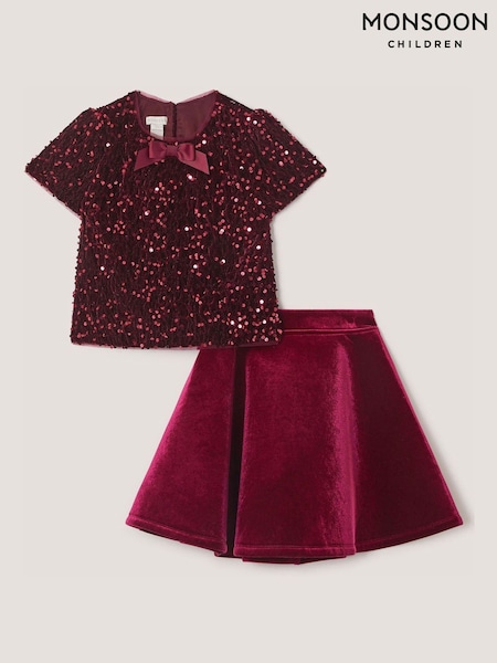 Red - Monsoon Heidi Velvet Sequin Top & Skirt Set