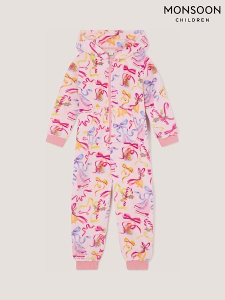 Roze - Monsoon fleece onesie met strikprint