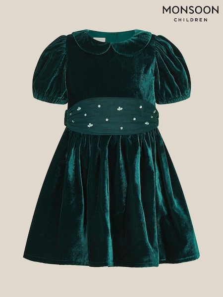 Green - Monsoon Baby Misty Embellished Velvet Party Dress