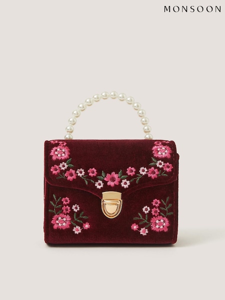 ក្រហម - Monsoon Floral Embroidered Velvet Bag