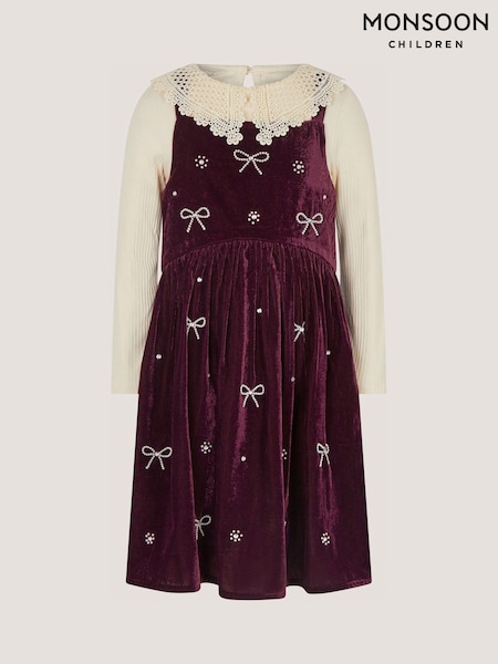 Red - Monsoon Lace Embellished Top & Velvet Dress Set