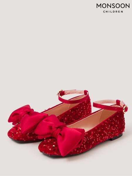 Red - Monsoon Bow Sequin Velvet Ballet Flats