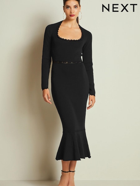 Черный - Square Neck Stitch Detail Long Sleeve Knitted Midi Dress (867238) | €9