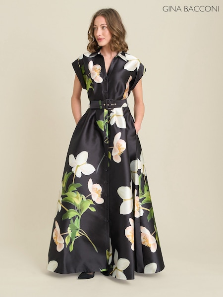 Schwarz - Gina Bacconi Selina Floral Belted Maxi Dress