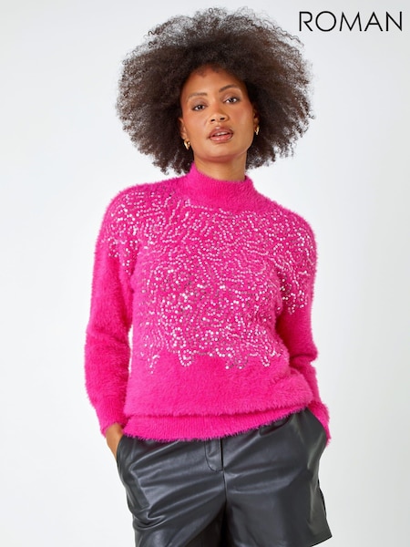 Roman Pink Sequin Fluffy High Neck Jumper (868819) | €34