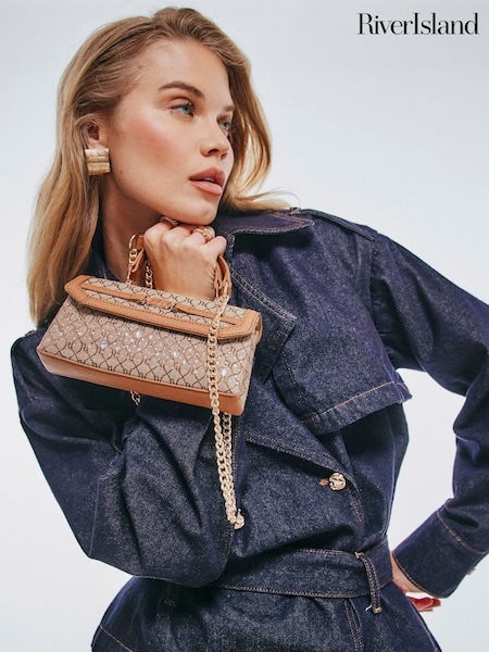 Brown - River Island Blair Hotfix Jacquard Tote Cross-body Bag