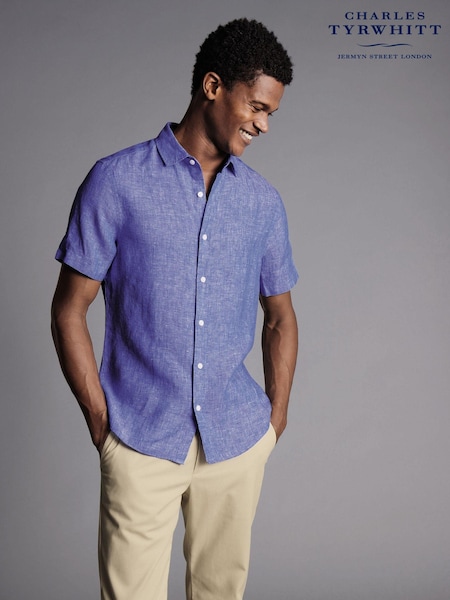 Charles Tyrwhitt Blue Plain Slim Fit Short Sleeve Pure 100% Linen Shirt (869268) | €107