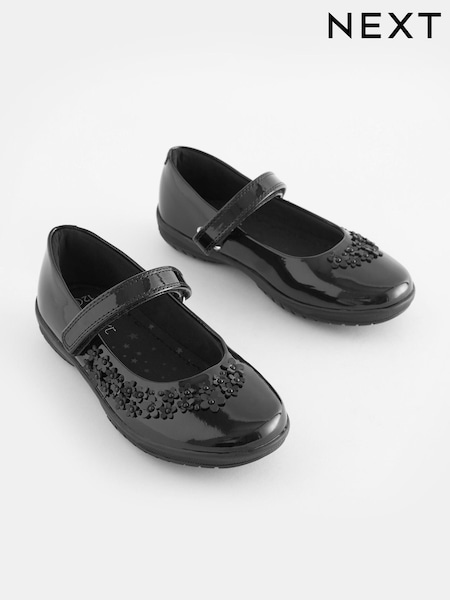 Black Patent Standard Fit (F) School Flower Mary Jane Shoes (870417) | €6 - €9