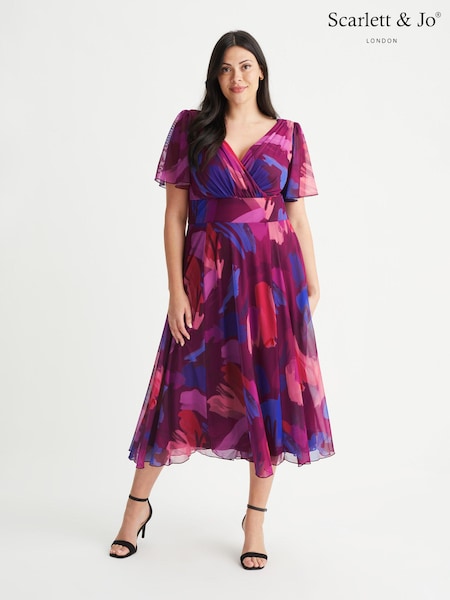 Scarlett & Jo Magenta Pink Splash Victoria Angel Sleeve Mesh Midi Dress (870469) | €67
