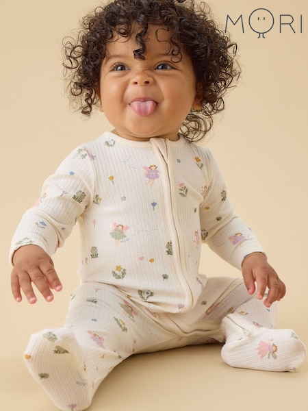 Cream - Mori Cream Fairy Garden Supersoft Ribbed Two Way Zip-up Sleepsuit