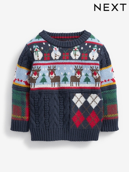 Navy Splice Check And Cable Christmas Jumper (3mths-7yrs) (872061) | €10 - €11