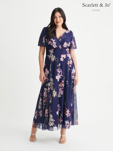 Scarlett & Jo Navy Blue Floral Curve Isabelle Angel Sleeve Maxi Dress (872459) | ₪478
