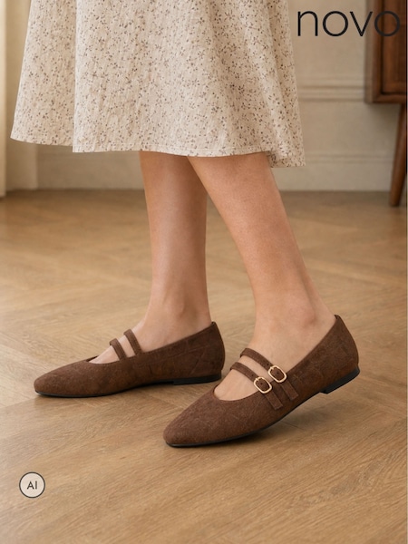 Brown - Novo Fancie Mary Jane Flat Shoes