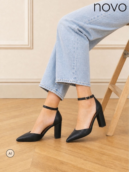 Black - Novo Ivar Two Part Block Heel Point Toe Ankle Strap Court Shoes