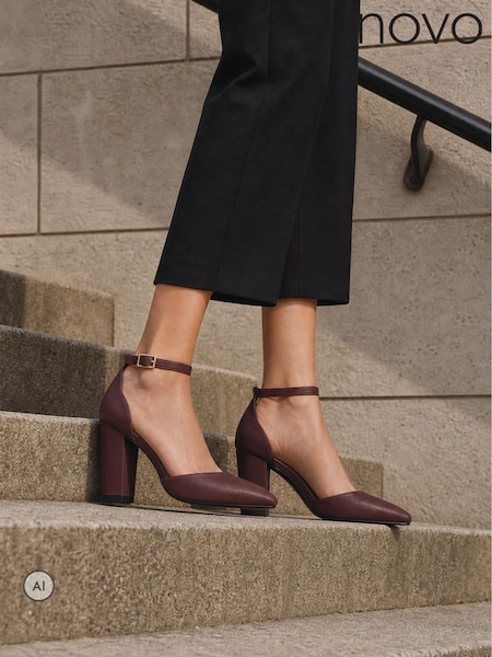 Red - Novo Ivar Two Part Block Heel Point Toe Ankle Strap Court Shoes