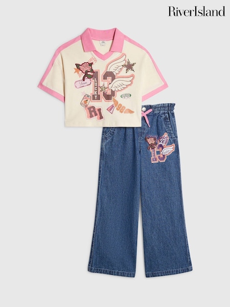 Blue - River Island Polo T-shirt & Wide Leg Jeans Set