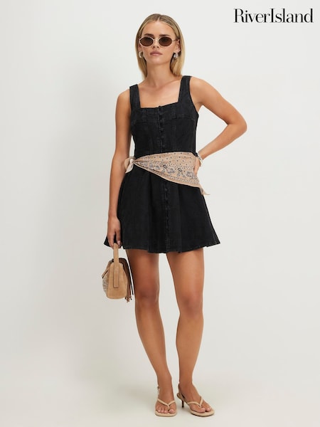 Black - River Island Petite Denim Embroidered Swing Dress