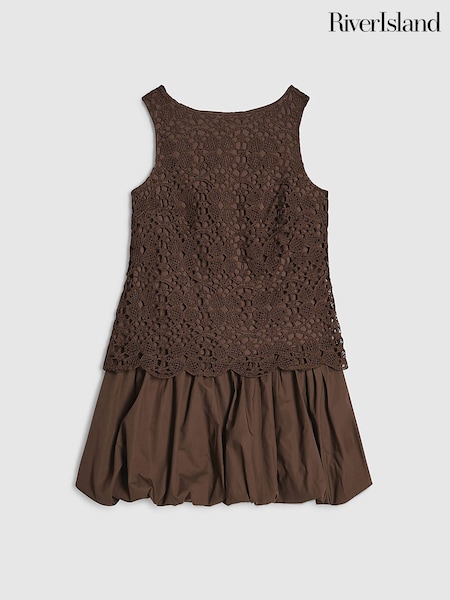 Brązowy - Sukienka hybrydowa mini River Island Petite z szydełkowanymi wstawkami