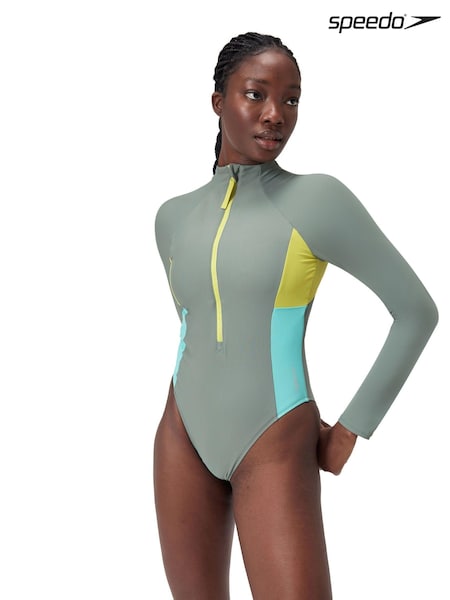 Speedo Green 8-004033 L/S Zip Colorblock Swimsuit 1 Piece (873219) | €30