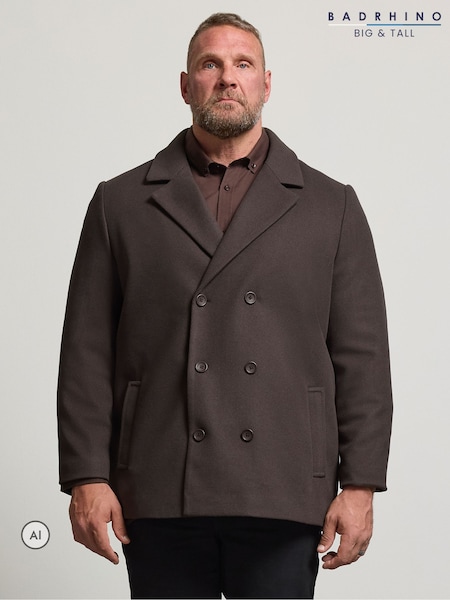 Brown - Regular Badrhino Big & Tall Double Breasted Pea Coat