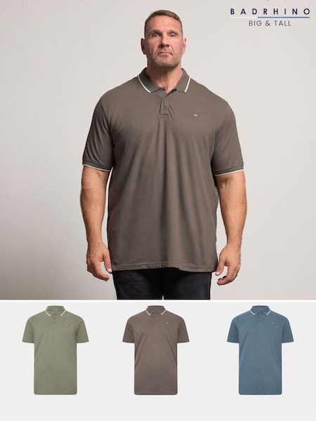 Niebieski - Regular Badrhino Big & Tall Tipped Polo Shirts 3 Pack