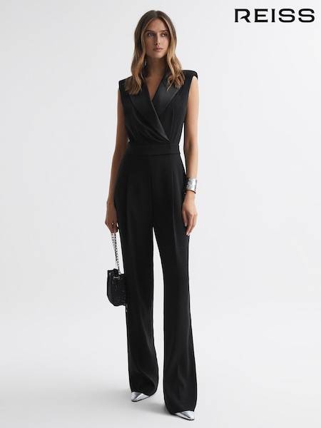 Reiss Black Saskia Satin Lapel Jumpsuit (873891) | €102